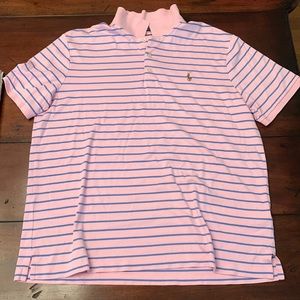 Ralph Lauren polo shirt. Size large. Pink with blue stripes.